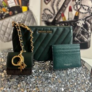 Michael Kors Emerald Green Crossbody with Card holder and AirPod case NWOT